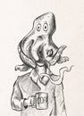 Man with an octopus on his head and a cup of coffee