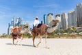 Man offering camel ride on Jumeirah beach, Dubai, United Arab Emirates. Royalty Free Stock Photo