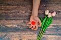 Man offers a heart and tulips on a brown wooden background. The concept of the holiday of Valentine`s Day, and International Wome Royalty Free Stock Photo