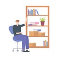 Man in office with bookshelf books and workspace white background
