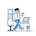 Man in office. Businessman goes to work. Outline happy character