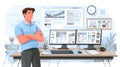 Man in Office with Dual Monitors Showing Web Design and Data Analysis Royalty Free Stock Photo