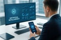 Man Analyzing Data on Computer and Smartphone with Artificial Intelligence Interface businessman office Royalty Free Stock Photo
