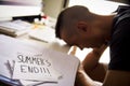 Man at office and text summers end Royalty Free Stock Photo