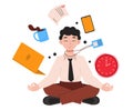 Man office worker sits in lotus position and meditates at work. Work stuff fly around.