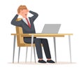 Man Office Worker Sitting at Desk with Laptop Feeling Sleepy Yawning Vector Illustration