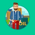 Man with oil barrel and gas pump nozzle. Royalty Free Stock Photo