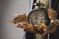 Man with old alarm clock and dry leaves Royalty Free Stock Photo