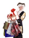 Man in old costume and gift box shopping. Royalty Free Stock Photo