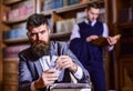 Man in oldfashioned suit holds money. Journalist got reward Royalty Free Stock Photo