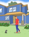 A man ooking at kitten in front of house illustration