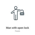 Man with open lock outline vector icon. Thin line black man with open lock icon, flat vector simple element illustration from Royalty Free Stock Photo