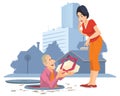 Man from an open sewer manhole gives surprised girl gift. Illustration for internet and mobile website Royalty Free Stock Photo