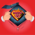 Man open shirt to show `bacon ` logotype. bacon lover or bacon expert - vector