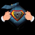 Man open shirt to show `Guard or body guard ` logotype in comic style -