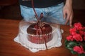 Man opening birthday cake. Modern dessert. Royalty Free Stock Photo