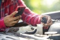 Man opening cap of car radiator to checking up the engine before start the trip. Car maintenance or check up concept Royalty Free Stock Photo