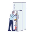 Man opening fridge. Adult cartoon character at open freezer over white background