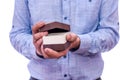 Man opening gift box, making surprise close up Royalty Free Stock Photo