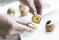 Gourmet organic scotch quail eggs starter snack on table Royalty Free Stock Photo