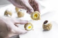 Gourmet organic scotch quail eggs starter snack on table Royalty Free Stock Photo