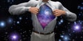 Man opens shirt to reveal the galaxies