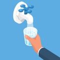 Man opens a water tap. Hand holding a glass. Kitchen faucet. Vector isometric