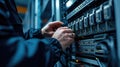 A man operates an electric blue server in a glass data center. AIG41 Royalty Free Stock Photo