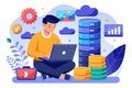A man operates a laptop in a colorful digital setting focused on backing up a database with charts, Man using laptop to backup Royalty Free Stock Photo
