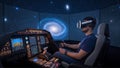 Pilot Training in a High-Tech Flight Simulator Cockpit Using VR Headset and Looking at Galaxy Space Visuals Royalty Free Stock Photo