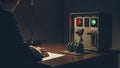 Man operating complex control panel with levers and lights Royalty Free Stock Photo