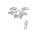 Man operating of flying drone vector illustration sketch doodle hand drawn with black lines isolated on white background Royalty Free Stock Photo