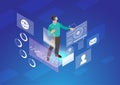 Man operating Holographic interface HUD Isometric Flat vector illustration. Virtual Augmented reality Future technology concept