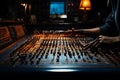 A man operating a soundboard in a recording studio. A man is working on a sound board