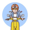 Man with orange helmet riding a yellow scooter Royalty Free Stock Photo