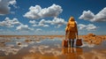 A man in an orange raincoat stands in the middle of a desert with two suitcases, AI Royalty Free Stock Photo