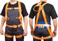 Man in orange safety Climbing Harness isolated on white background