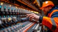 Man in Orange Safety Jacket Working on Control Panel Royalty Free Stock Photo