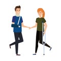 Man with orthopedic collar and woman in crutch