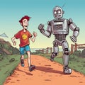 A man is out on a jog, accompanied by a robotic running partner. Created with Generative AI technology