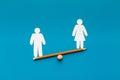 Man outweigh Woman on drawn scales, blackboard Royalty Free Stock Photo