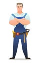 Man in overalls. Service guy. Handyman, locksmith or repairman. Cheerful person. Standing pose. Cartoon comic style flat