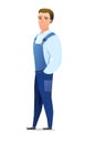 Man in overalls. Service guy. Handyman, locksmith or repairman. Cheerful person. Standing pose. Cartoon comic style flat Royalty Free Stock Photo