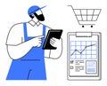 Man in Overalls Using Tablet with Shopping Cart and Graphical Report E-commerce and Business Analysis Royalty Free Stock Photo