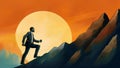 Man overcomes mountain obstacles. Businessman climbing a mountain, facing difficulties. Concept: achieving goals, persistence