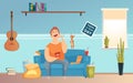 Man is overeating. Fat guy, food addiction and behavior problems. Lazy man on couch eating fast food vector illustration