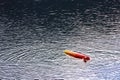 BELIS-FANTANELE, ROMANIA, AUGUST 12, 2023: Man trying to climb into the overturned kayak on Belis-Fantanele dam lake.