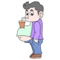 Man with overweight belly is drinking ice, doodle icon image kawaii