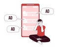 Man overwhelmed by ads flat concept vector illustration