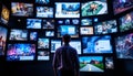 Man Overwhelmed by a Wall of Screens Displaying Diverse Digital Content: Navigating the Immense World of Online Information Royalty Free Stock Photo